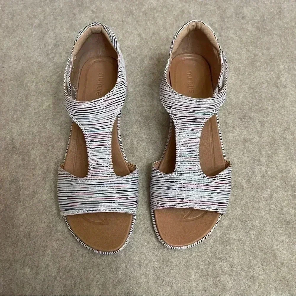 Nurture Multicolor Striped Leather Low Wedge Hook and Loop Sandals Womens size 8